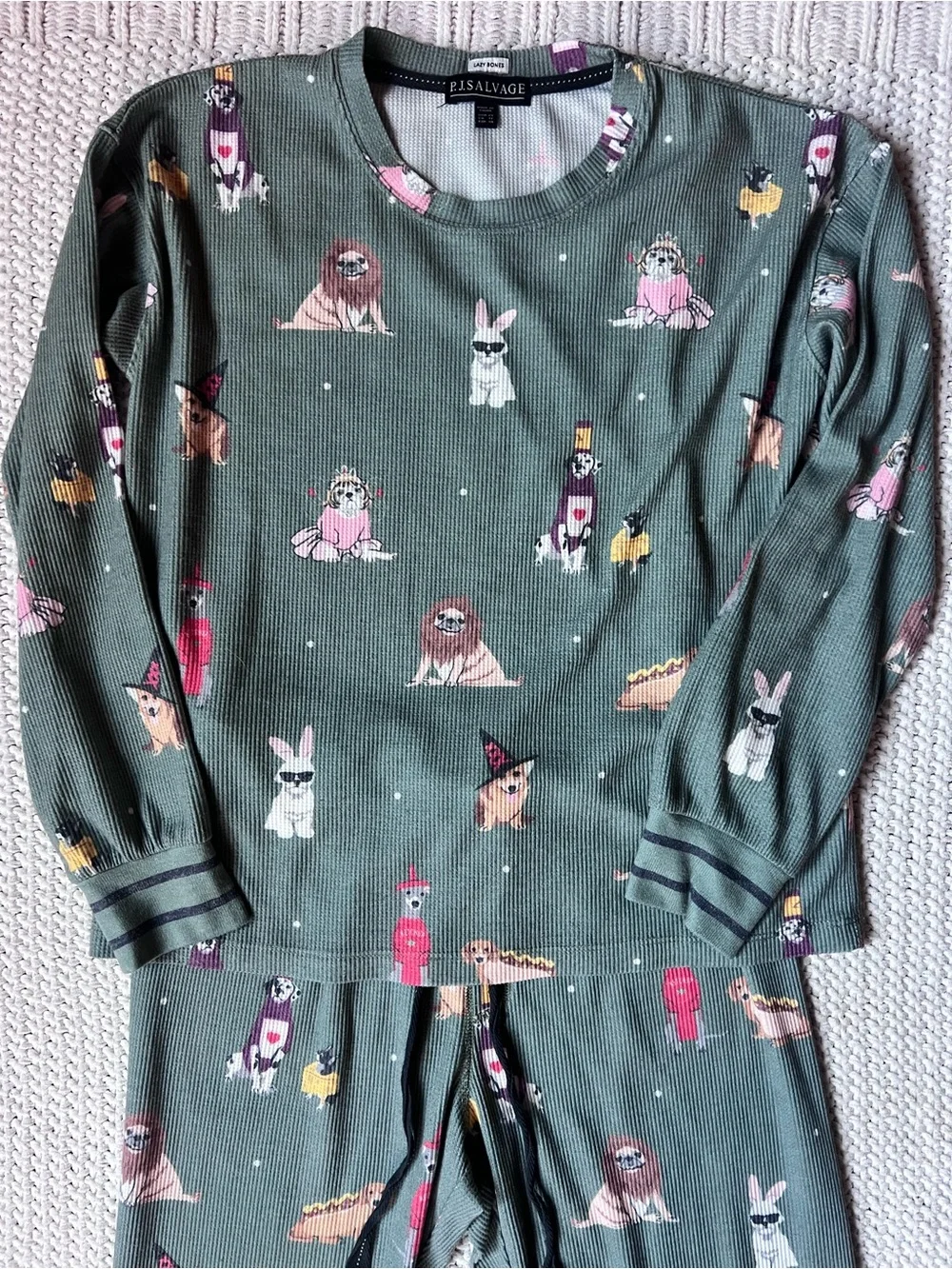 PJ Salvage My Boo Long Sleeve Ribbed Pajama Set Olive Green Cute Puppy Dog Sz XS